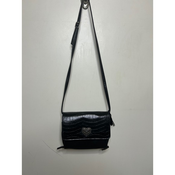 Rolf's Black Croc Embossed Leather Crossbody Bag‎ Heart Silver Hardware - Picture 7 of 7